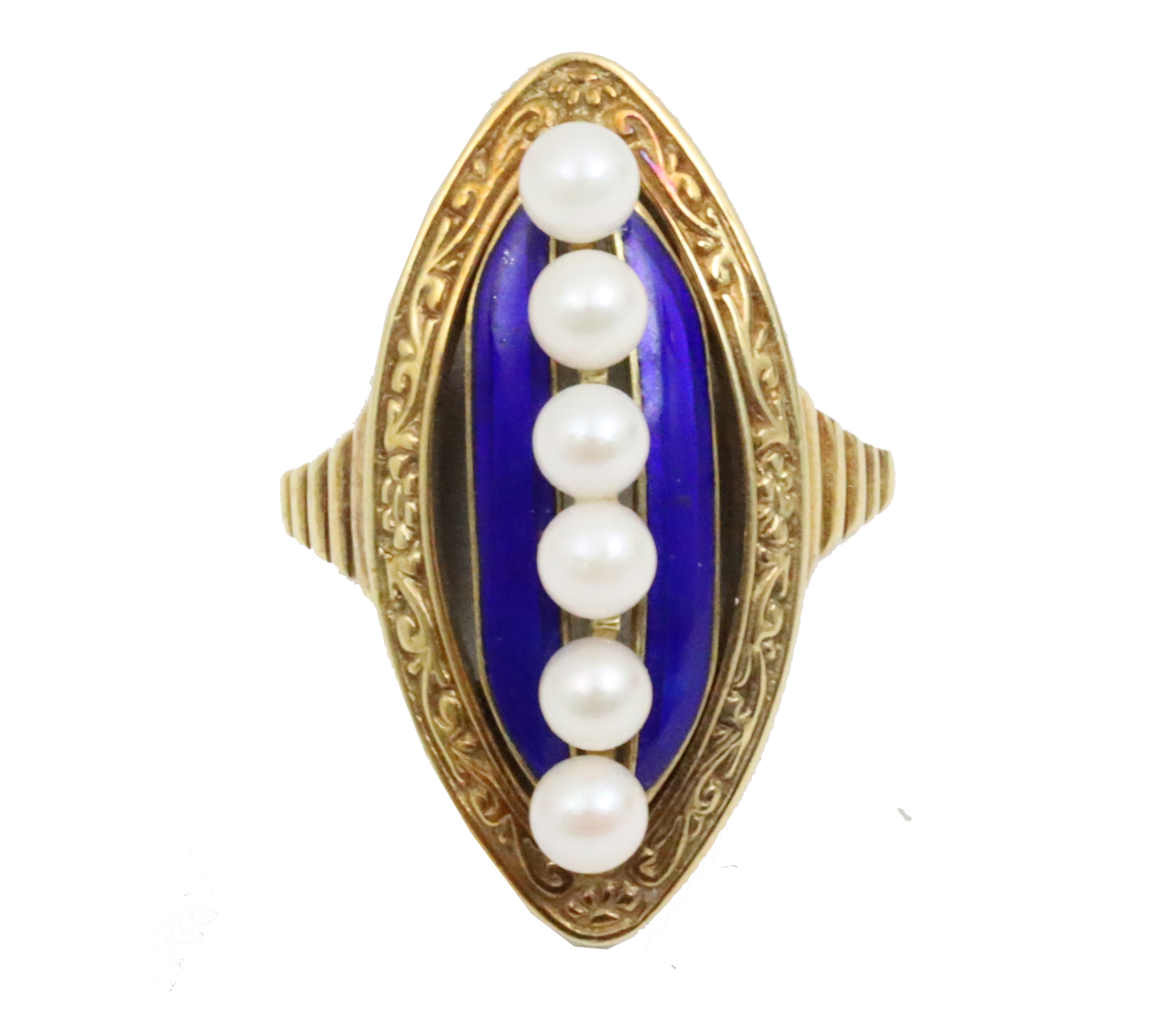14K YG BLUE ENAMEL AND PEARL RING