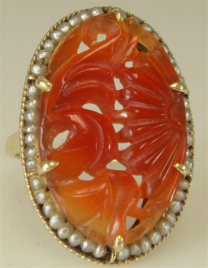 14K yg Carved Carnelian Ring.