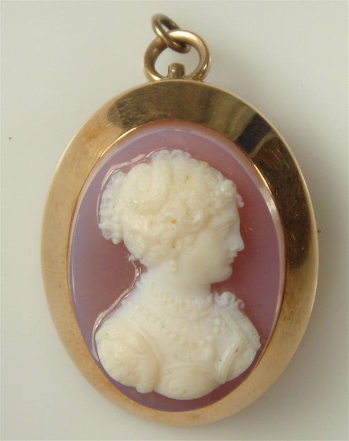 14K YG carved shell cameo pin, 1