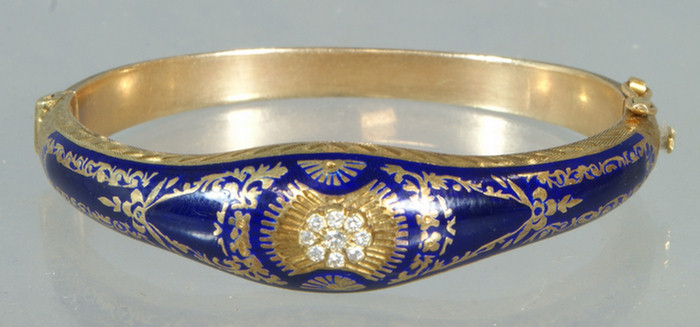 14K YG hinged bangle bracelet, blue