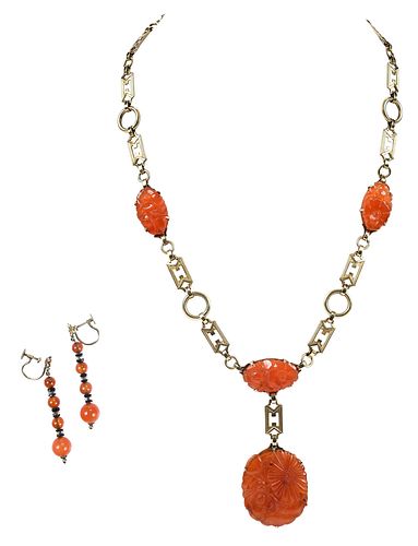 14KT. CARVED CARNELIAN NECKLACE AND