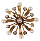 14KT. DIAMOND AND PEARL BROOCH