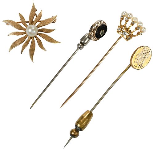 14KT. THREE STICK PINS AND ONE