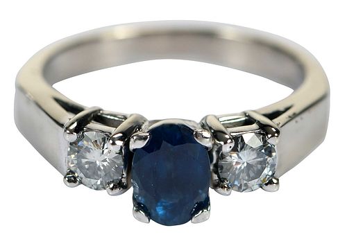 14KT. THREE STONE RING, BLUE