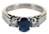 14KT. THREE STONE RING, BLUE S