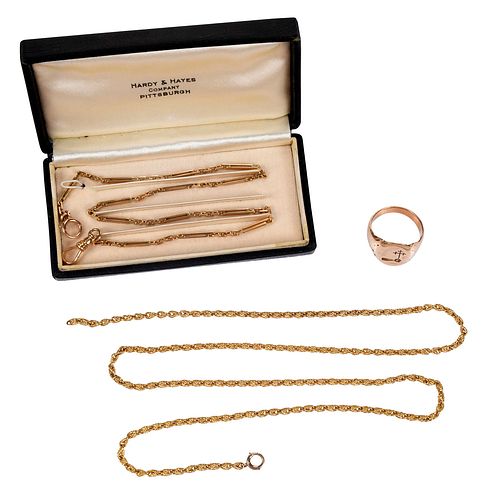 14KT. WATCH CHAIN, SIGNET RING