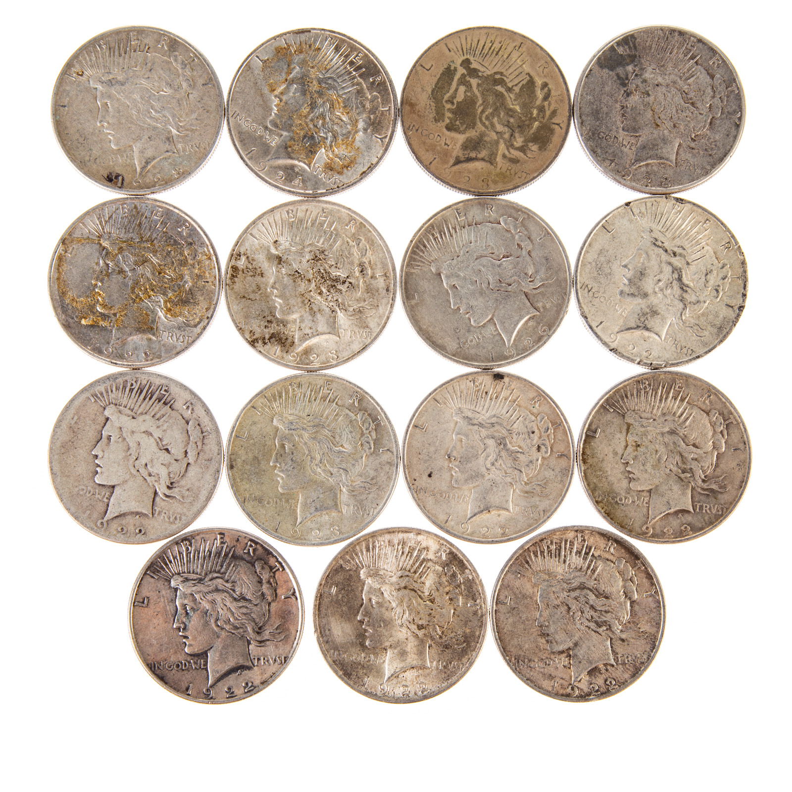 15 SILVER PEACE DOLLARS 1922