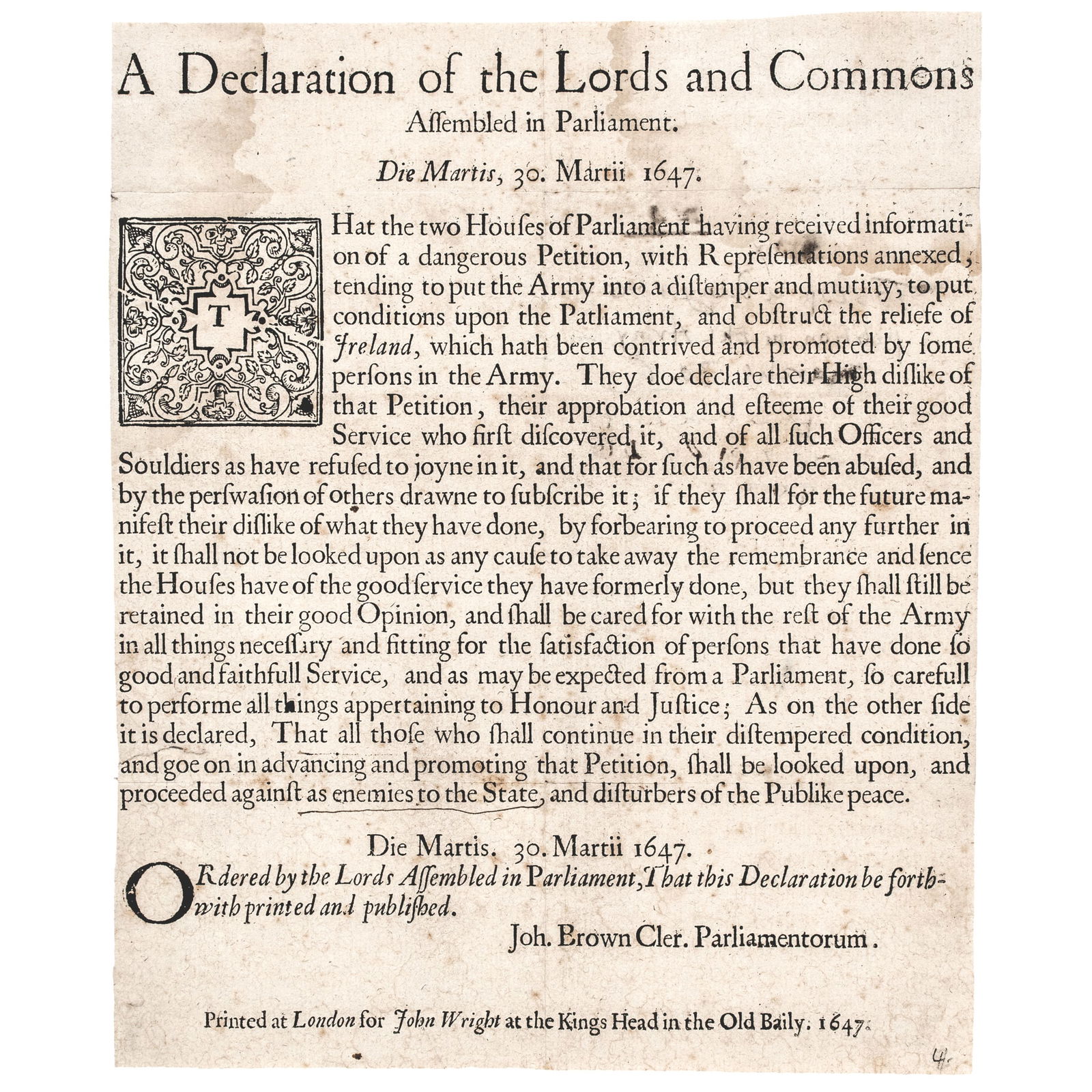 1647 ENGLISH CIVIL WAR BROADSIDE,
