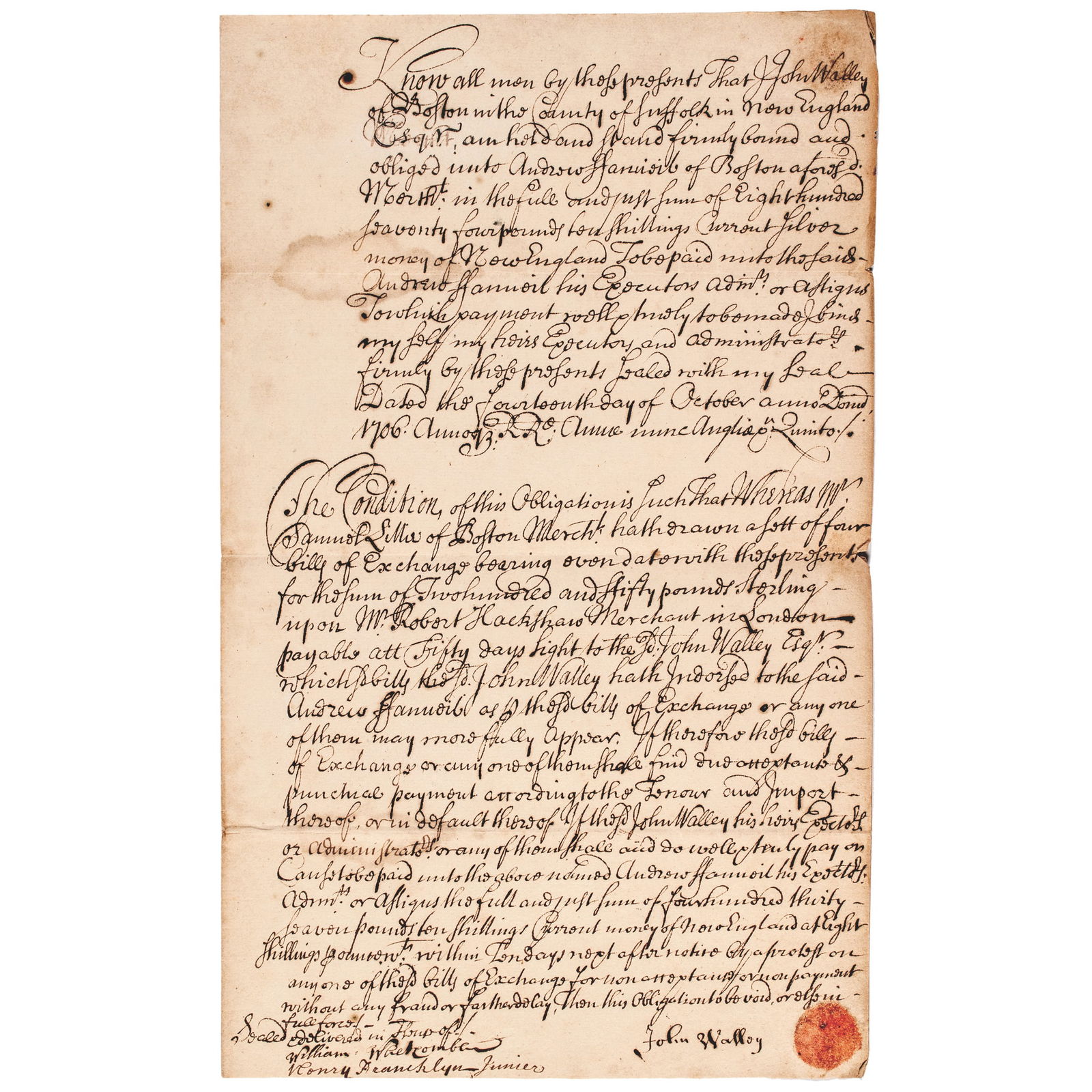 1706 COLONIAL BOSTON DOCUMENT