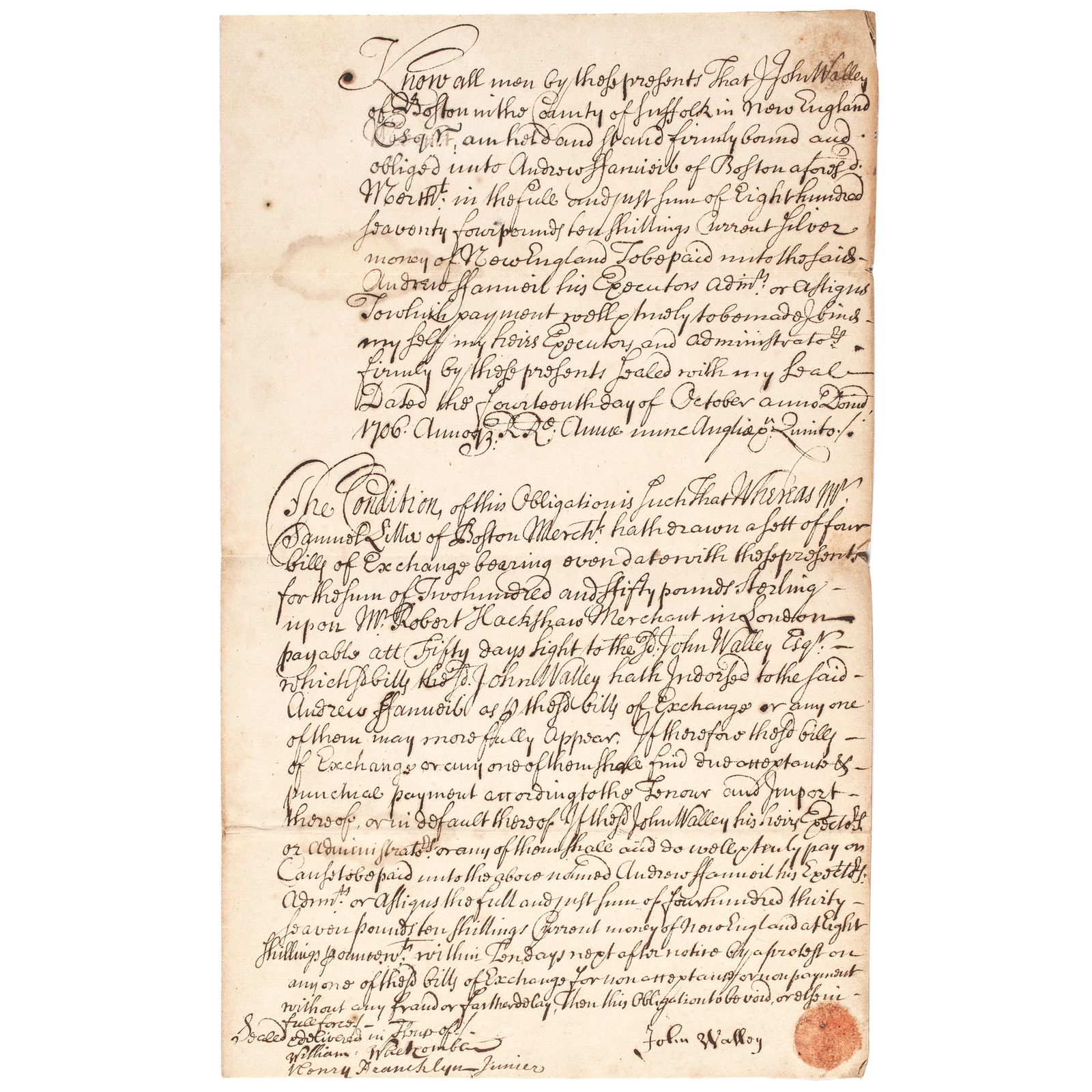 1706 COLONIAL BOSTON DOCUMENT
