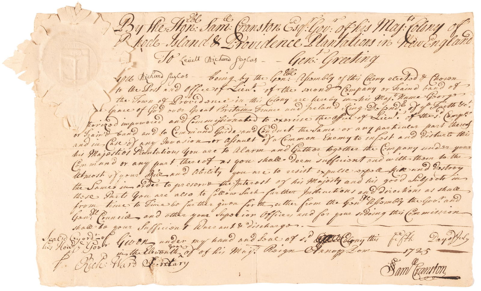 1725 ROYAL GOVERNOR SAMUEL CRANSTON