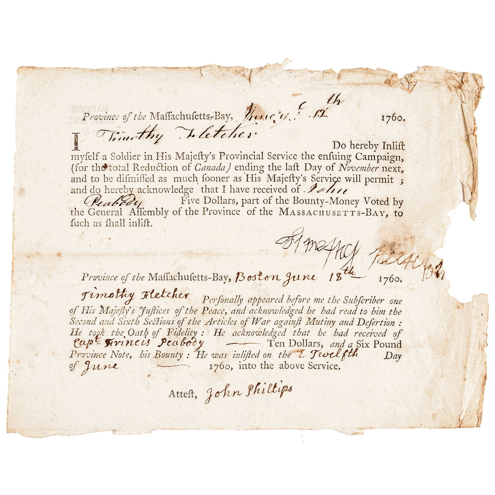 1760 TIMOTHY FLETCHER ENLISTS IN