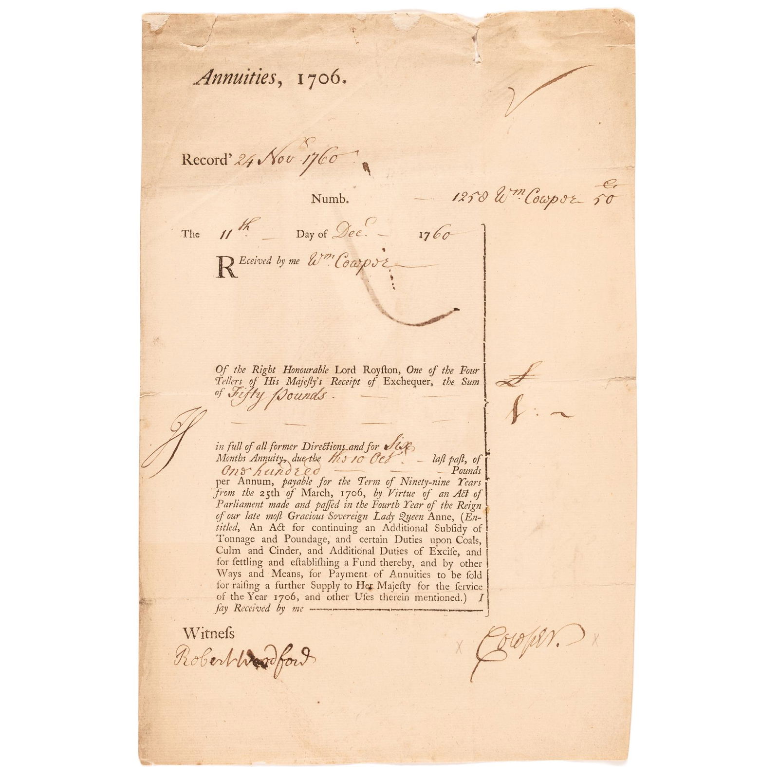 1760 WILLIAM COWPER SIGNED