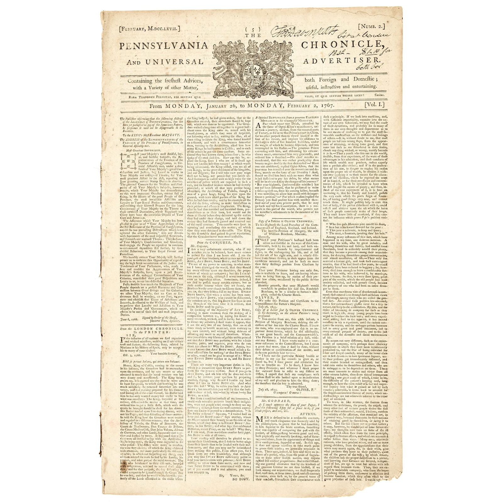 1767 PENNSYLVANIA NEWSPAPER WITH