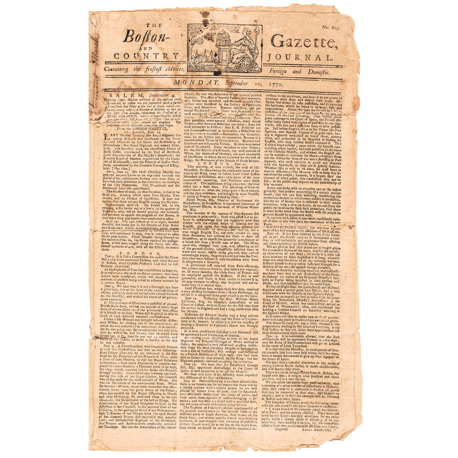 1770 BOSTON-GAZETTE, MASTHEAD