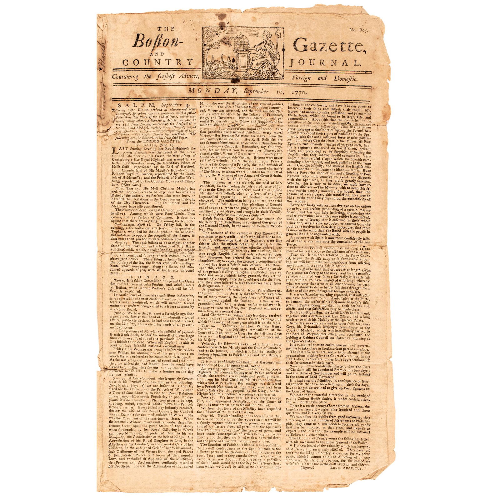 1770 BOSTON-GAZETTE WITH A MASTHEAD