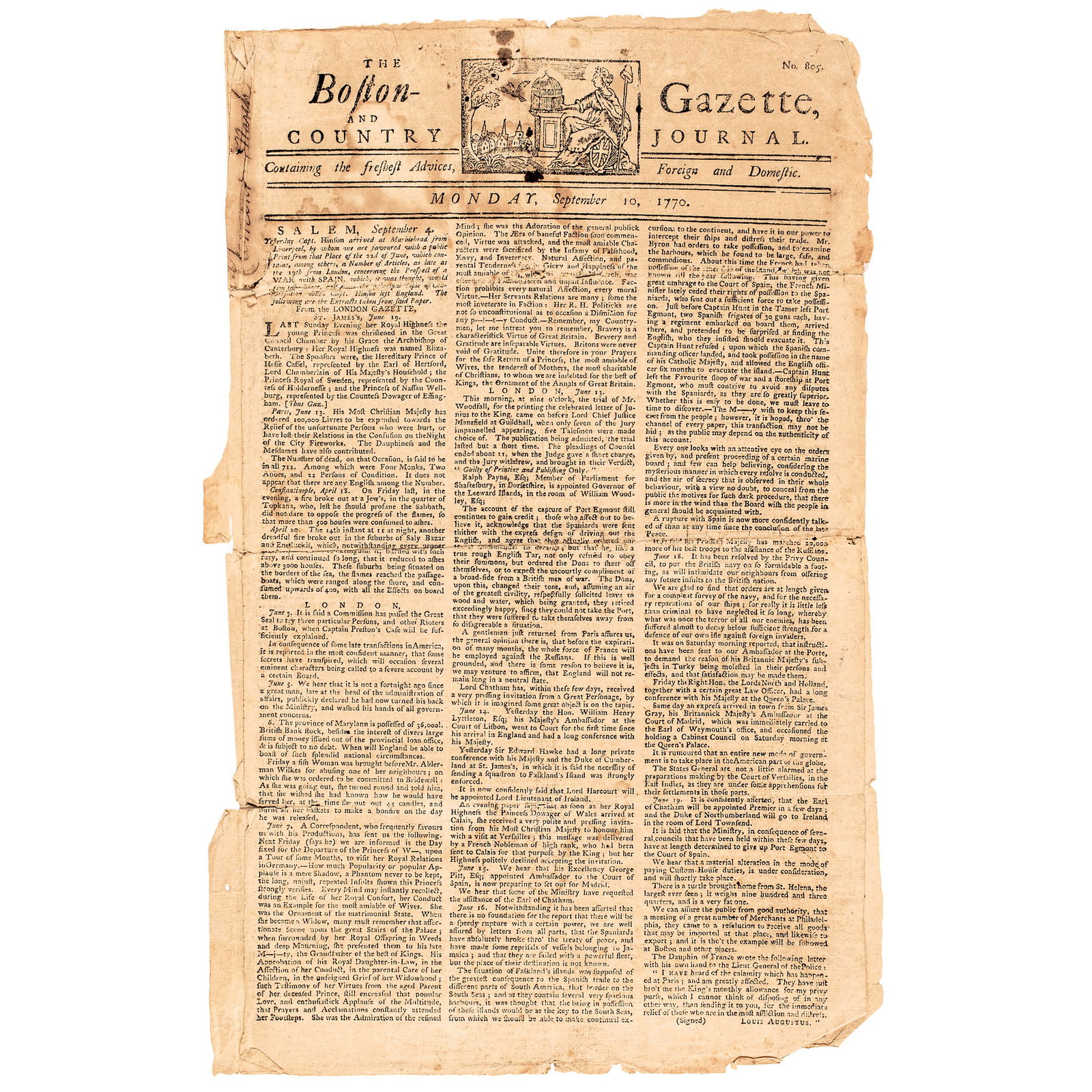 1770 BOSTON-GAZETTE WITH A MASTHEAD