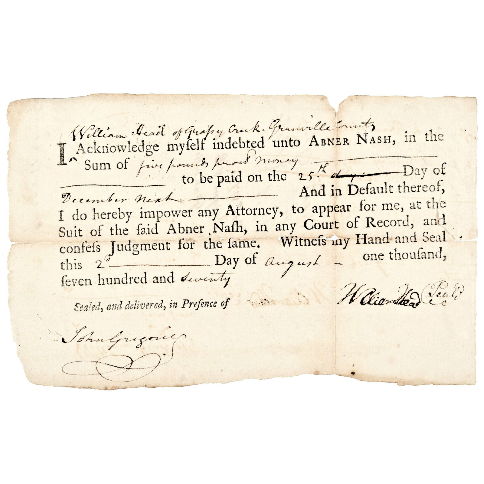 1770 GOVERNOR ABNER NASH OF
