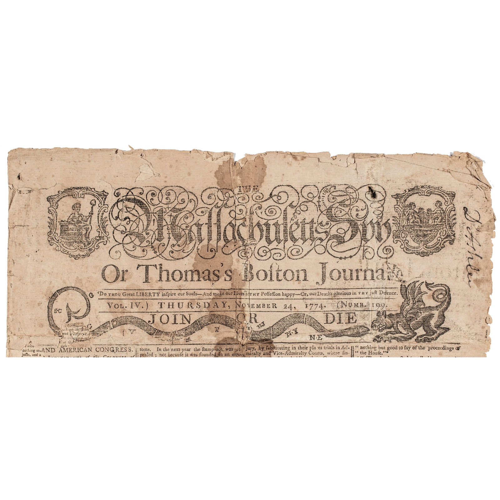 1774 BOSTON NEWSPAPER WITH PAUL
