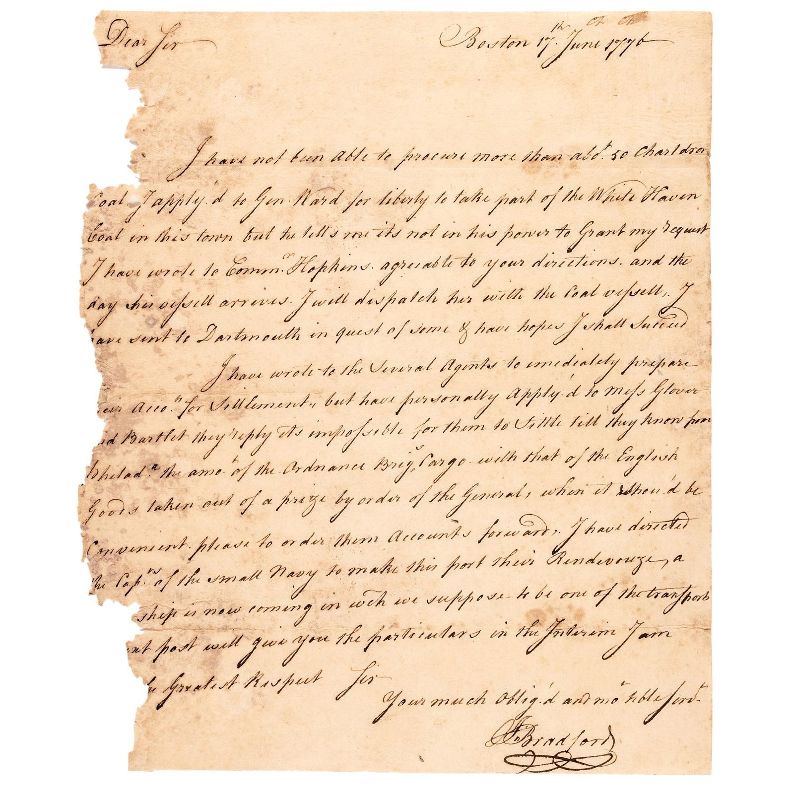 1776 JOHN BRADFORD ALS TO JOHN