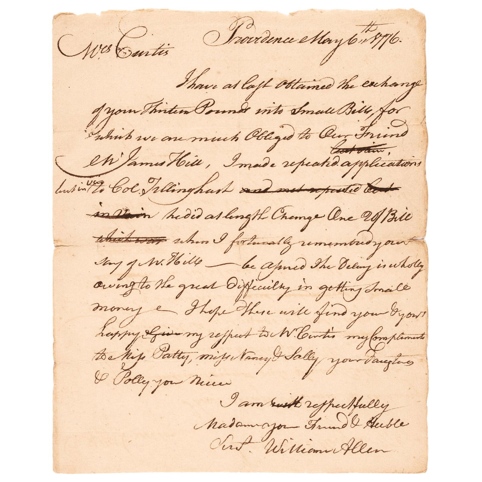 1776 REVOLUTIONARY WAR LETTER RE: