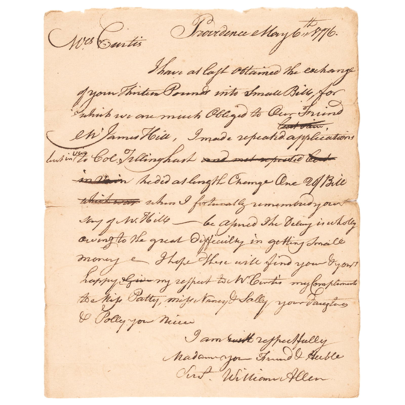 1776 REVOLUTIONARY WAR LETTER RE: