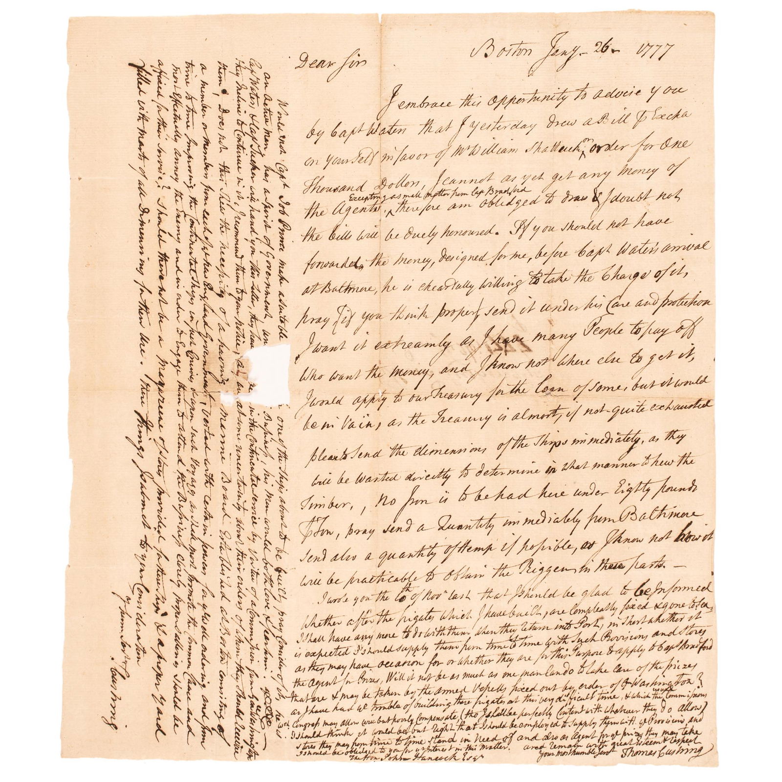1777 THOMAS CUSHING LETTER TO