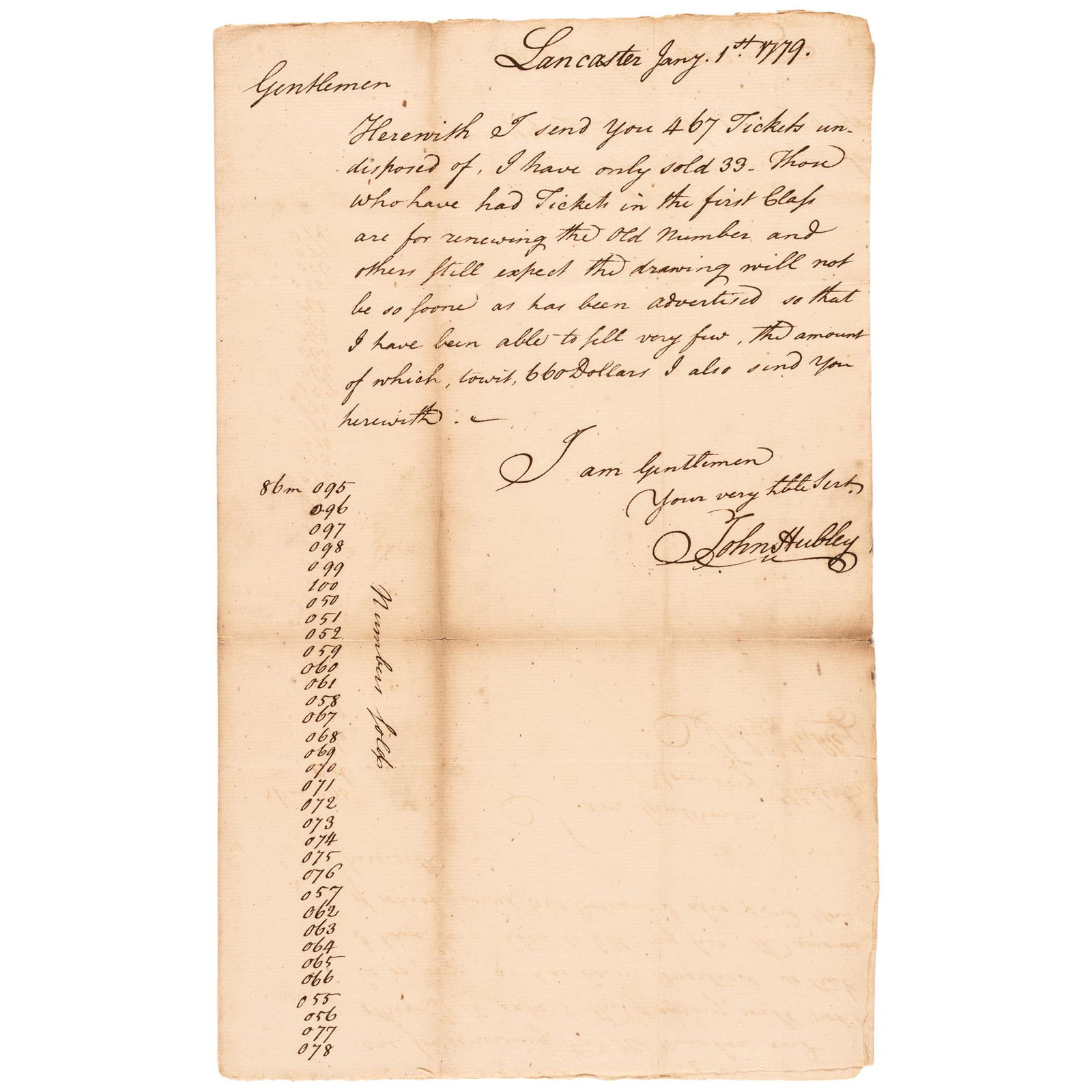 1779 LETTER SIGNED JOHN HUBLEY AS