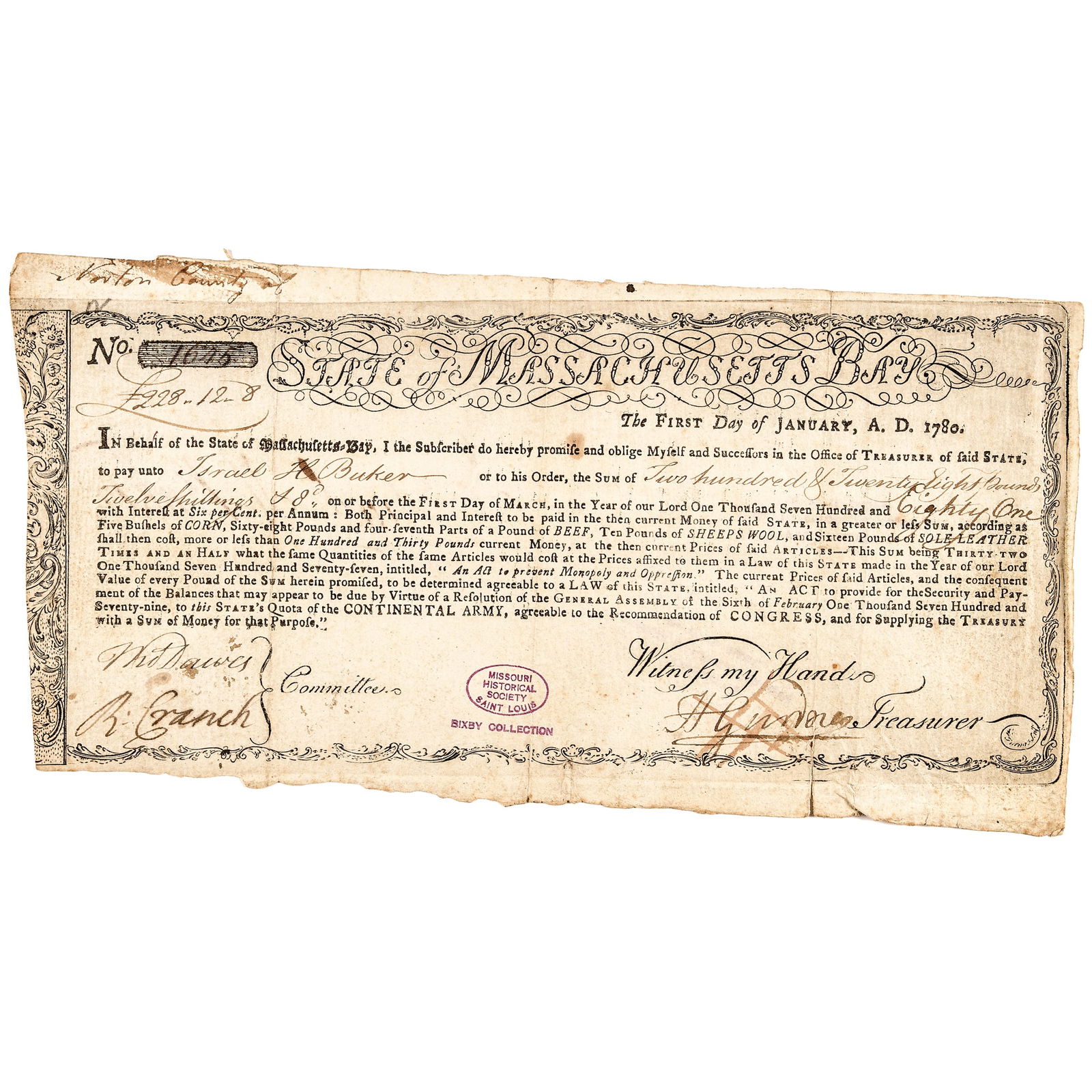 1780 ISRAEL H. BUKER SIGNED MASS.