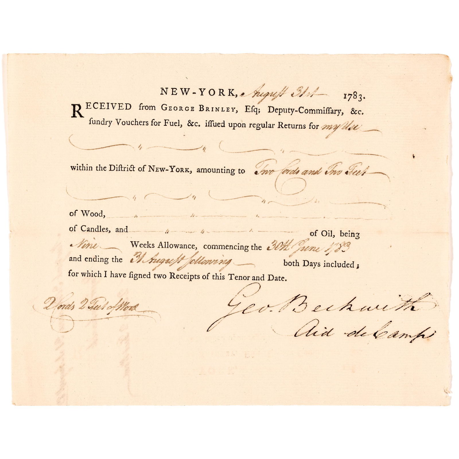 1783 RECEIPT FOR FIREWOOD FOR THE