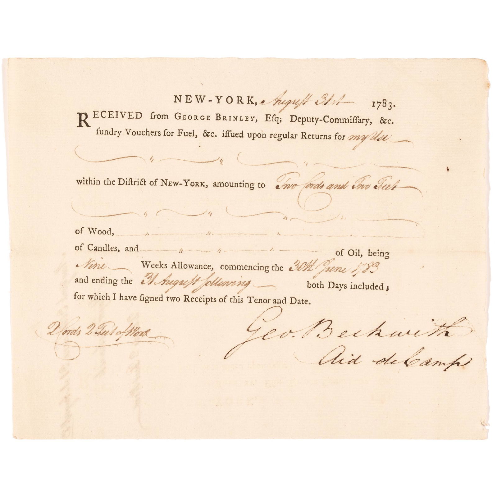 1783 RECEIPT FOR FIREWOOD FOR THE