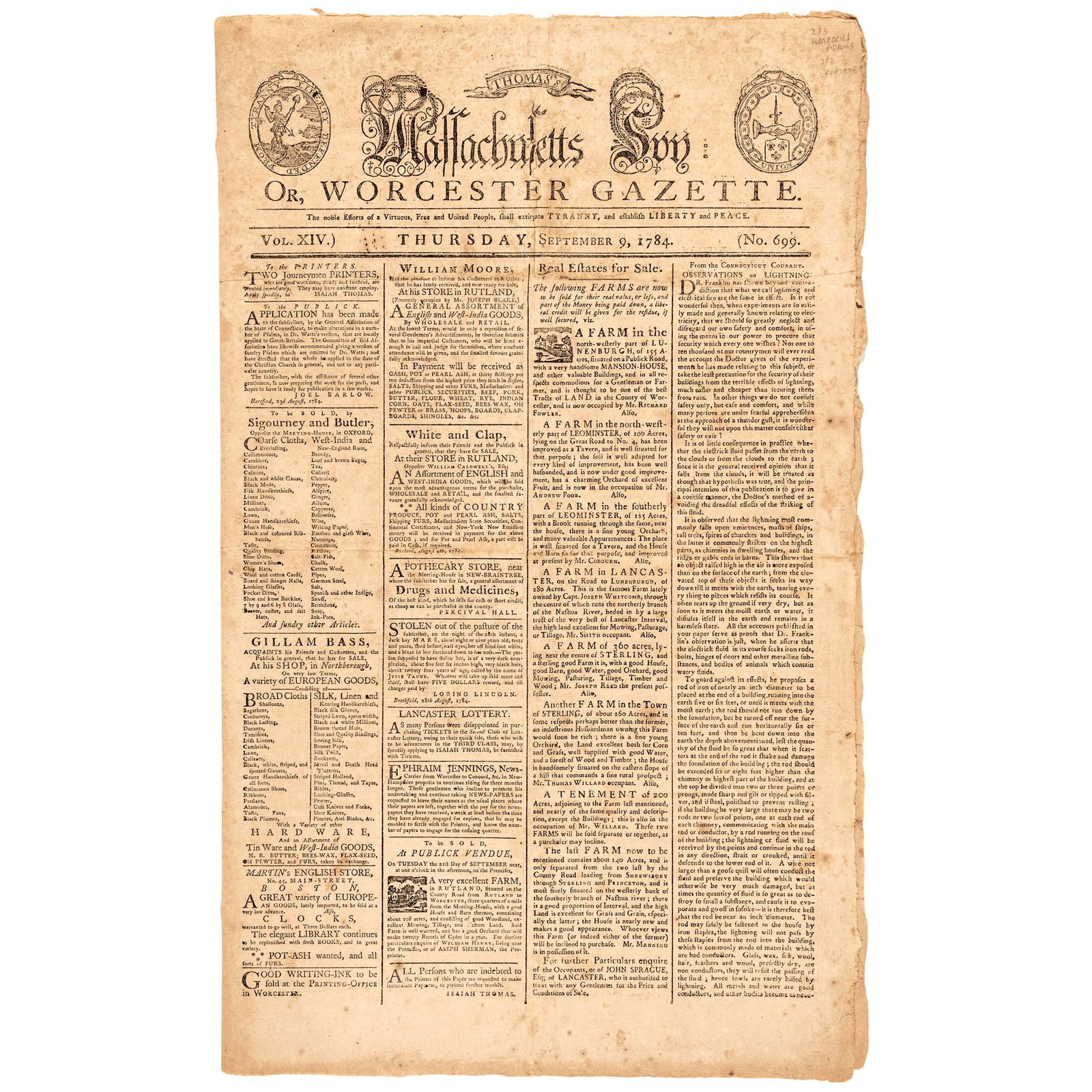 1784 THE MASSACHUSETTS SPY NEWPAPER