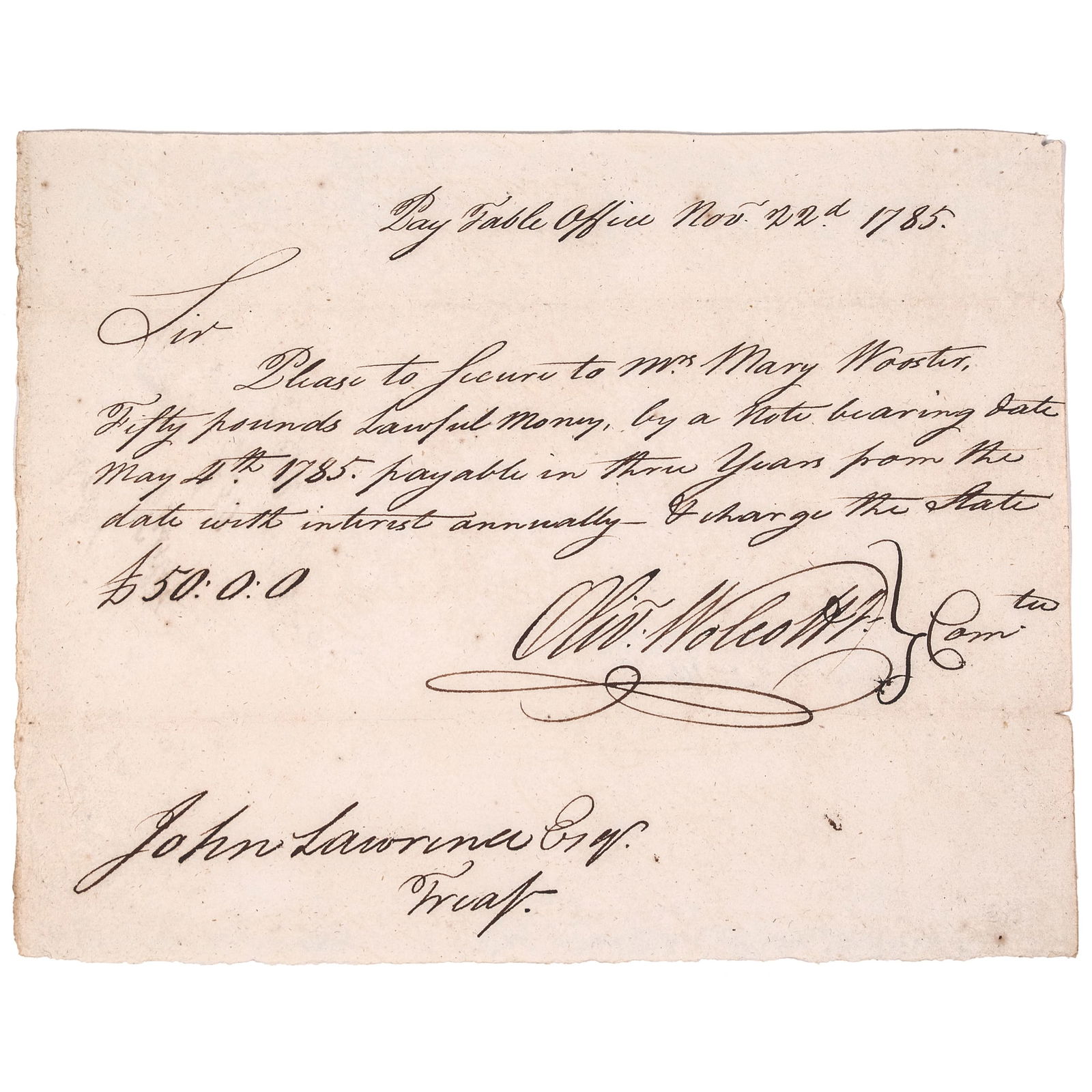 1785 AUTOGRAPHED DOCUMENT SIGNED BY