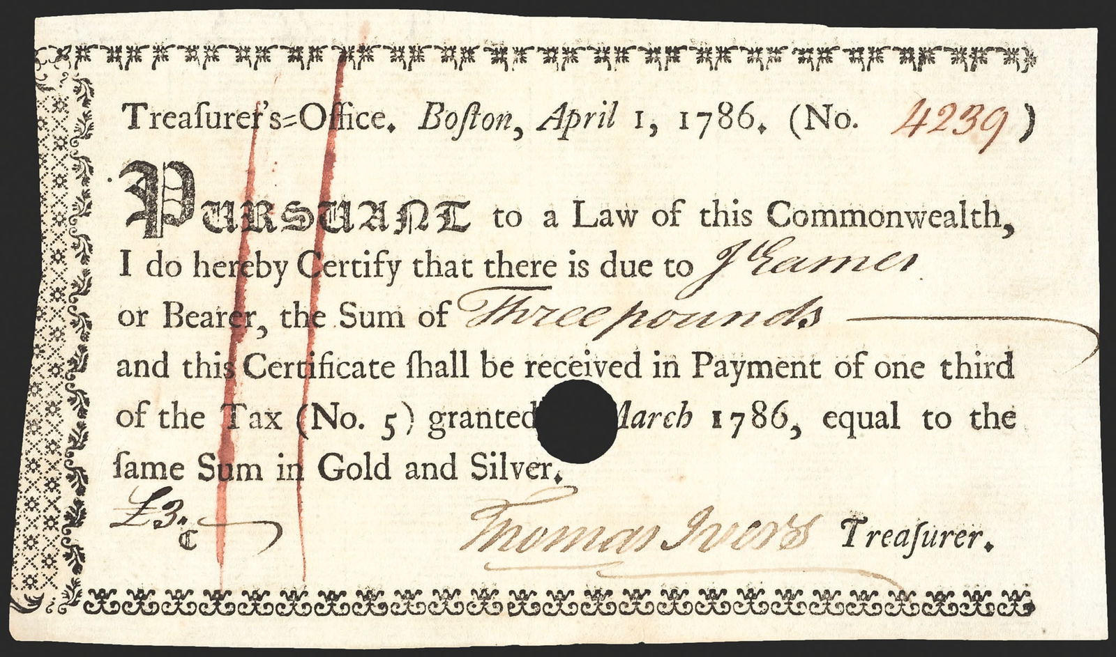 1786 MASSACHUSETTS TREASURERY TAX