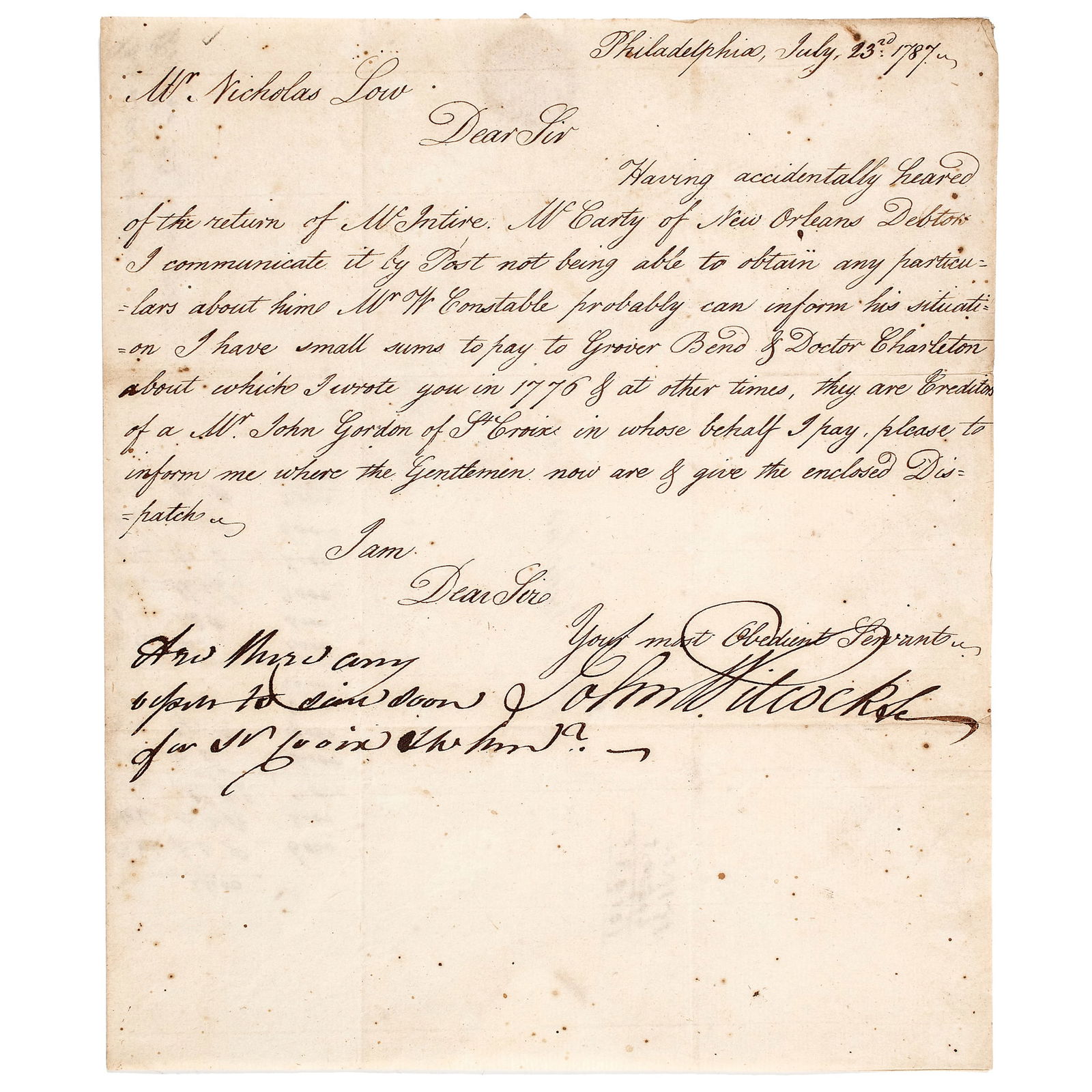 1787 FINANCIAL LETTER FROM JOHN