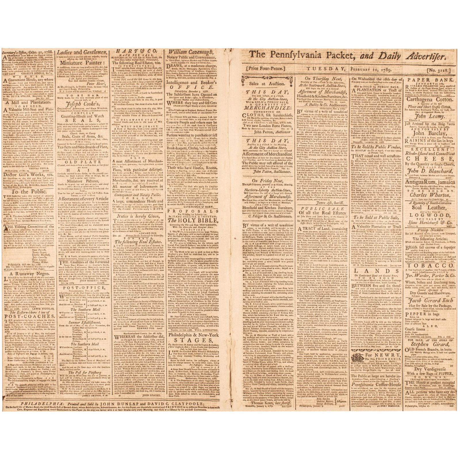 1789 JOHN DUNLAP NEWSPAPER LISTS