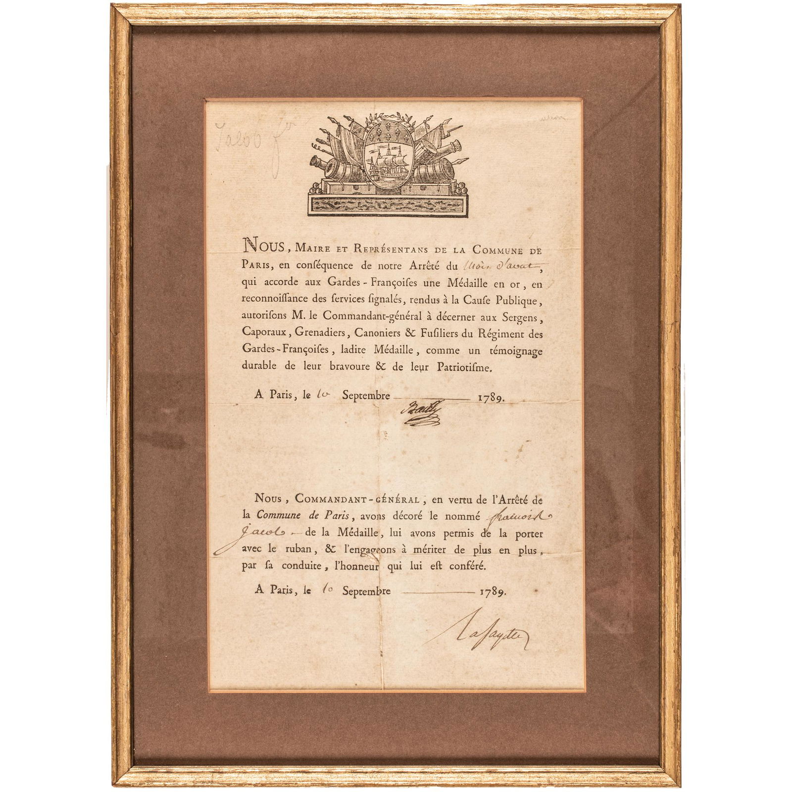 1789 LAFAYETTE ORDERS GOLD MEDALS