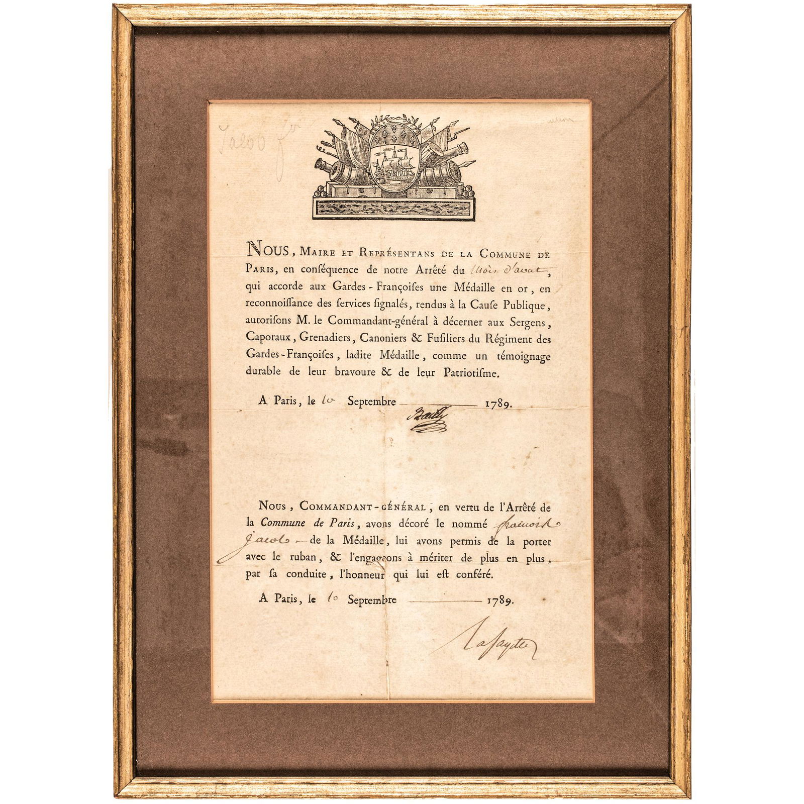 1789 LAFAYETTE, ORDERS GOLD