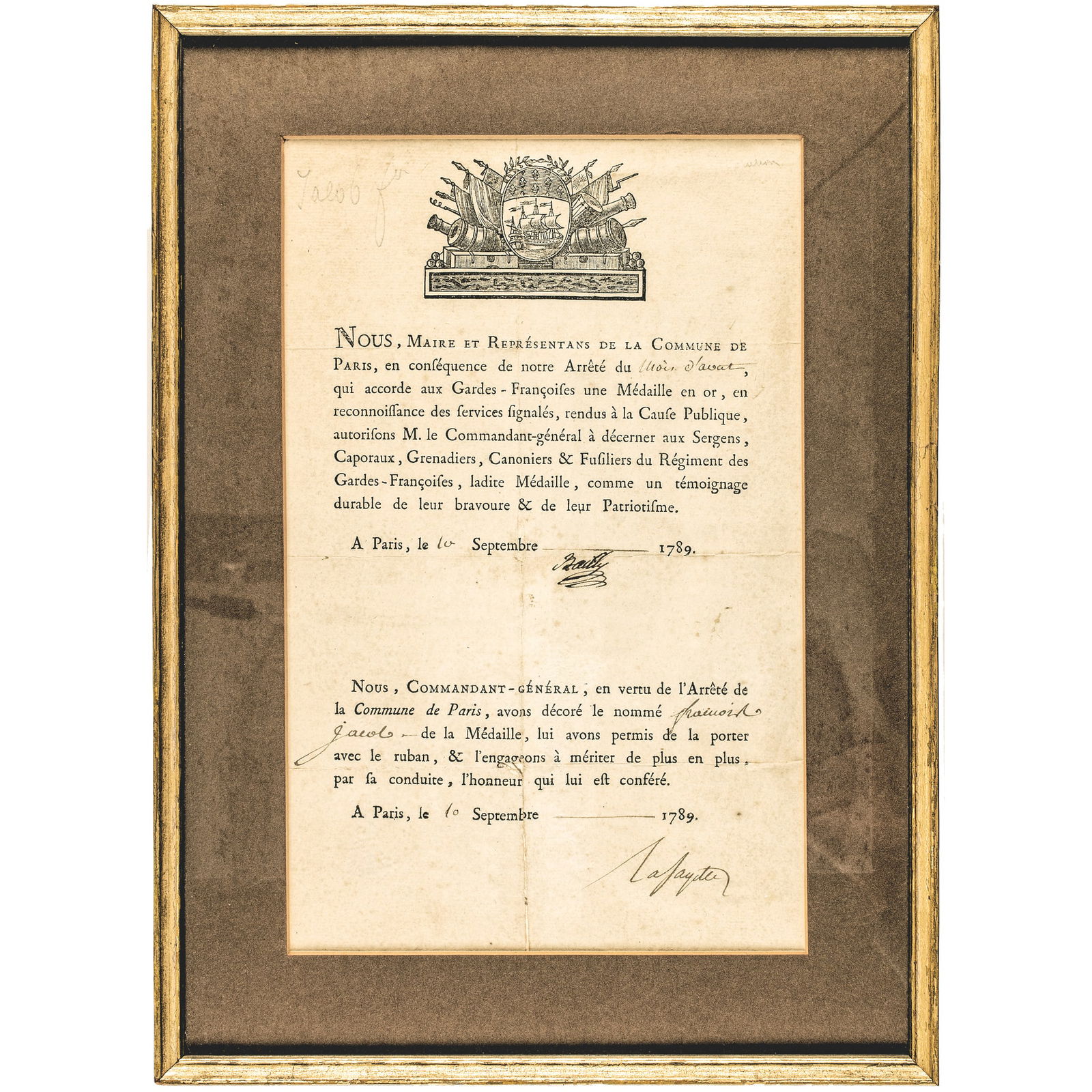1789 LAFAYETTE, ORDERS GOLD