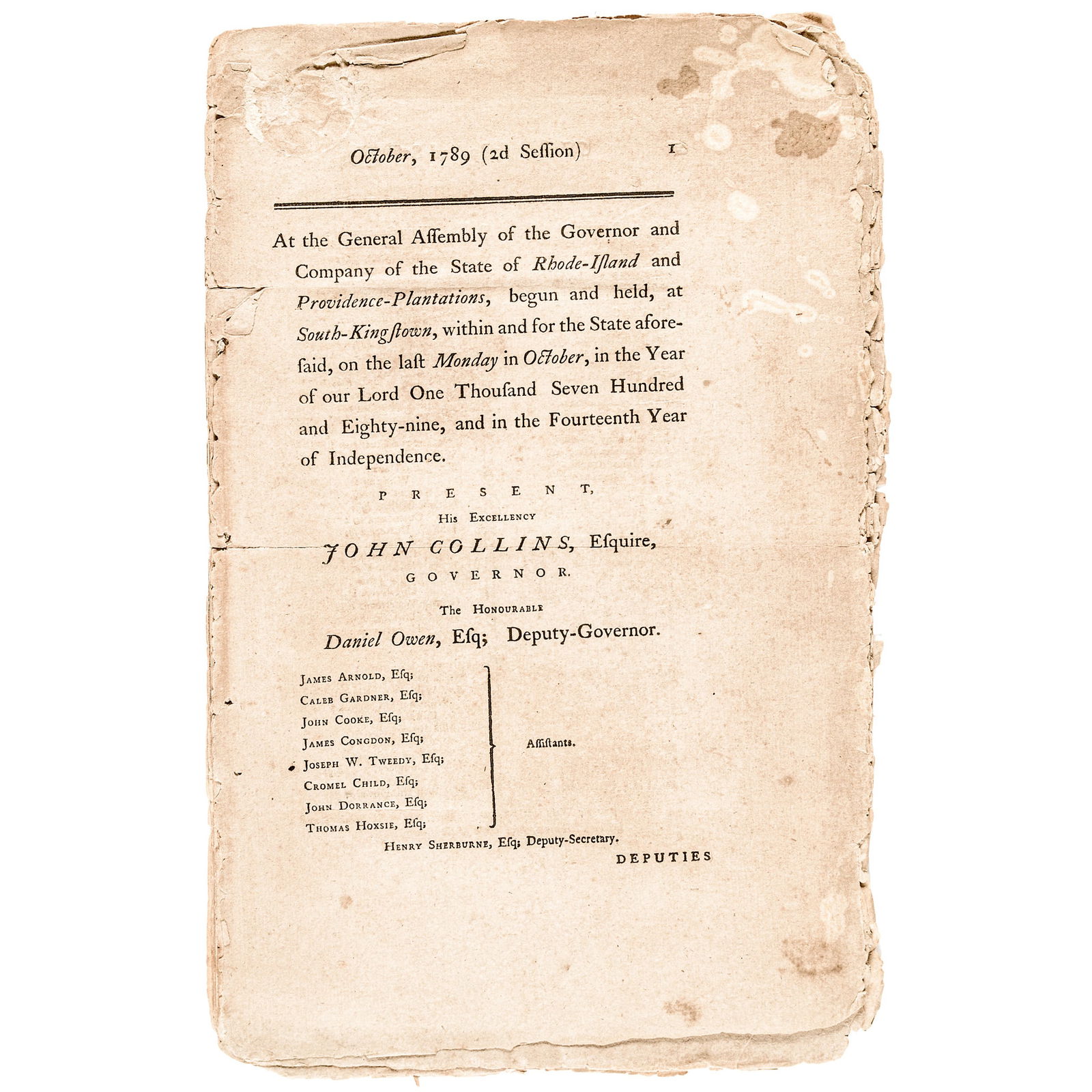 1789 RHODE ISLAND IMPRINT OF