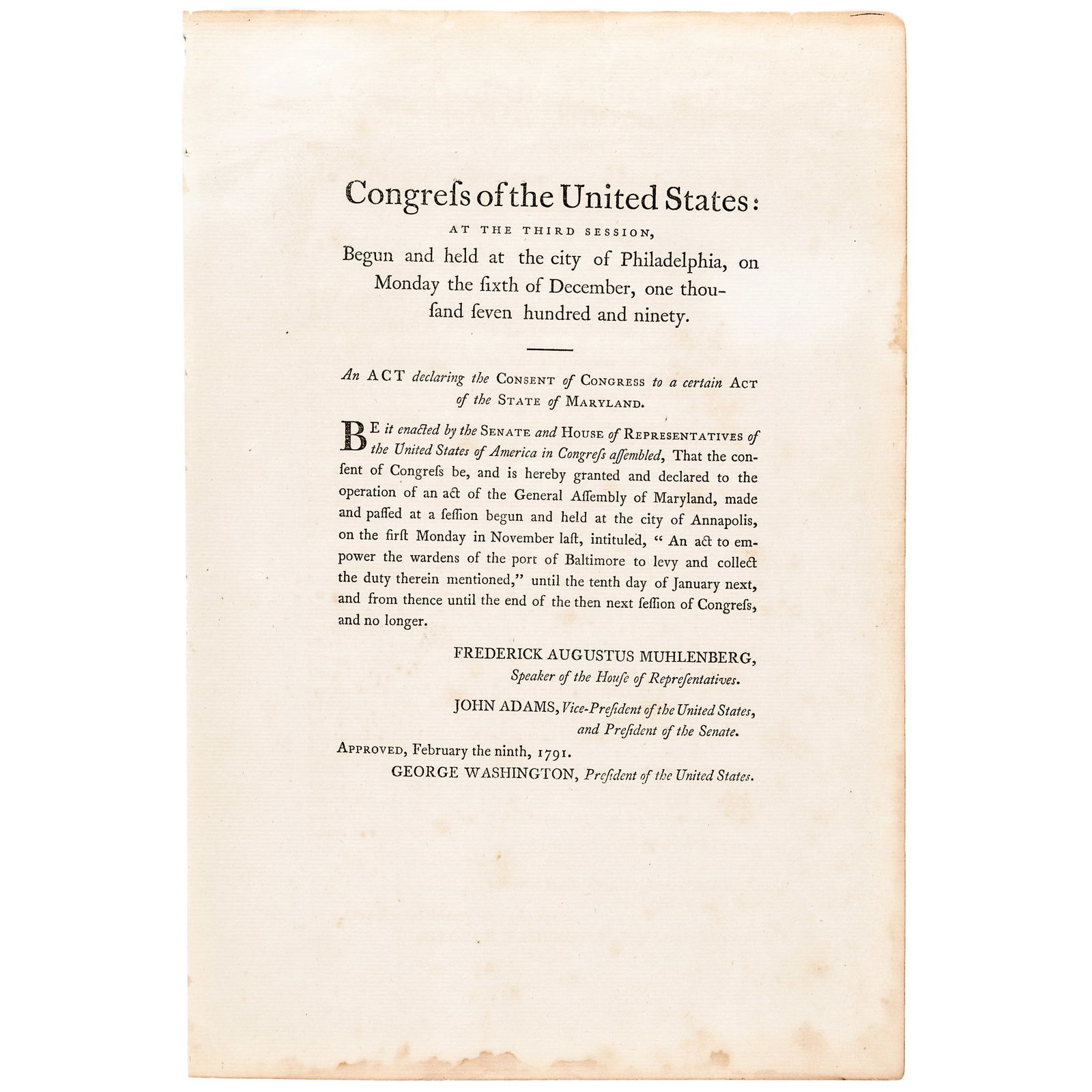 1791 PRESIDENT GEORGE WASHINGTON
