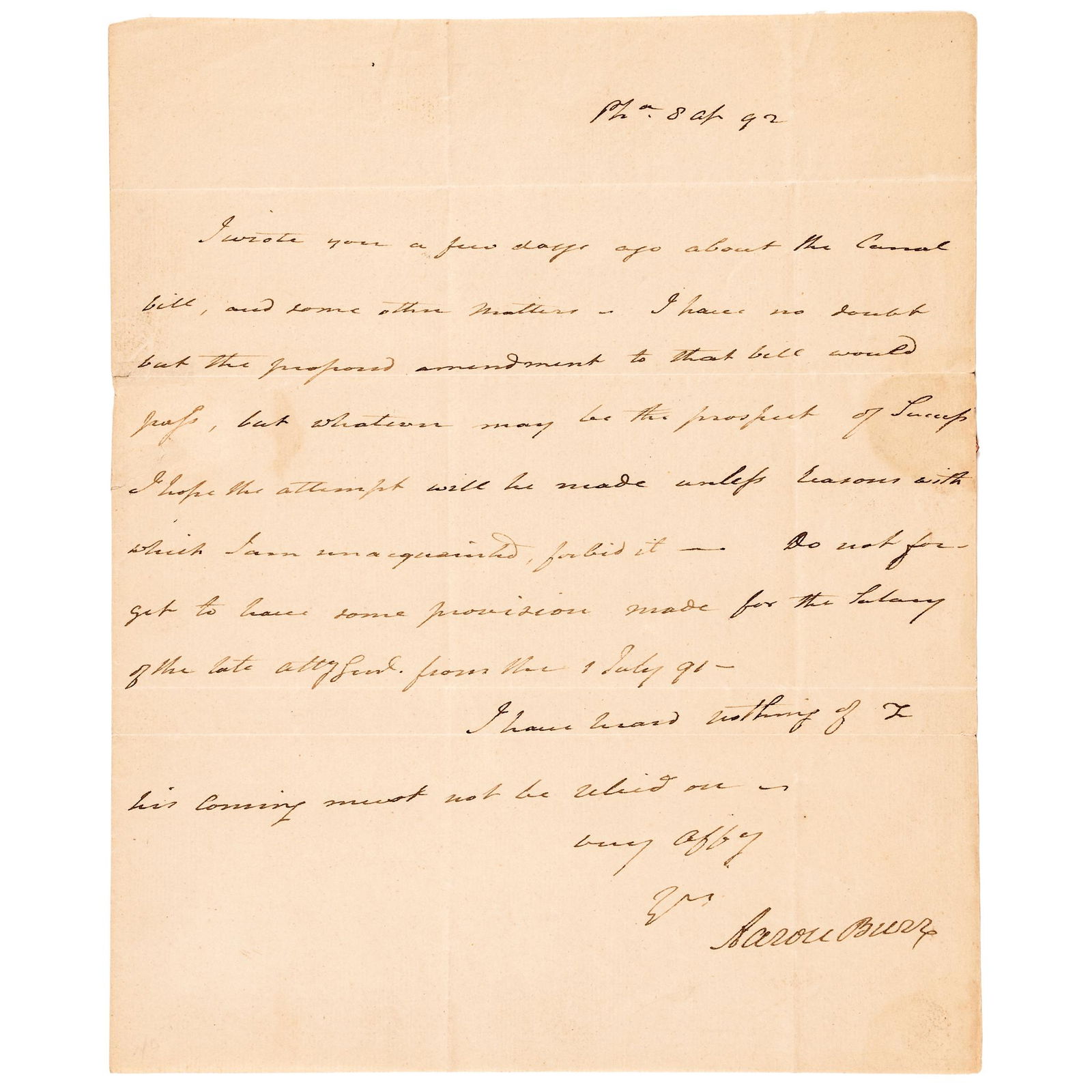 1792 AARON BURR AUTOGRAPH LETTER