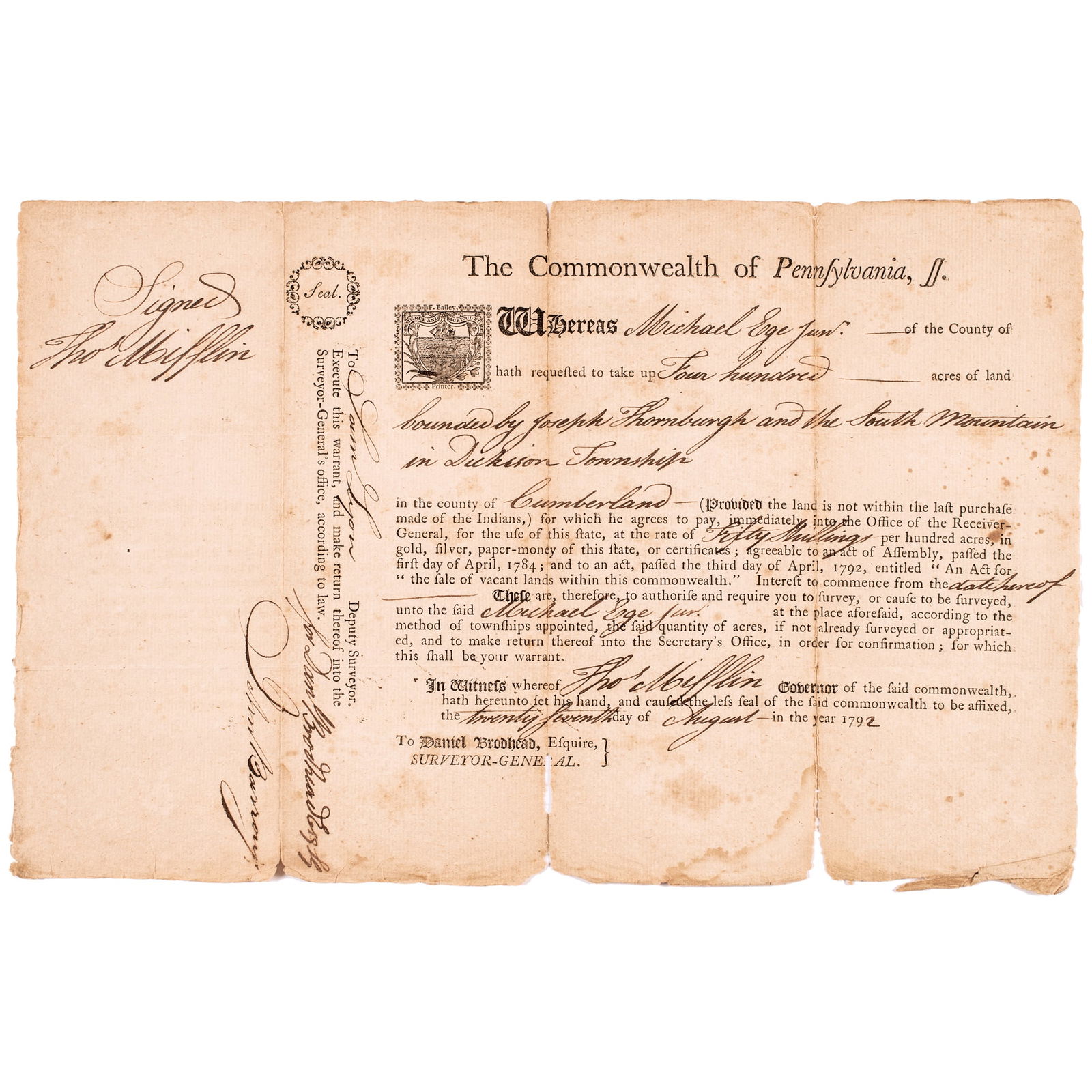 1792 THOMAS MIFFLIN BOLDLY SIGNED