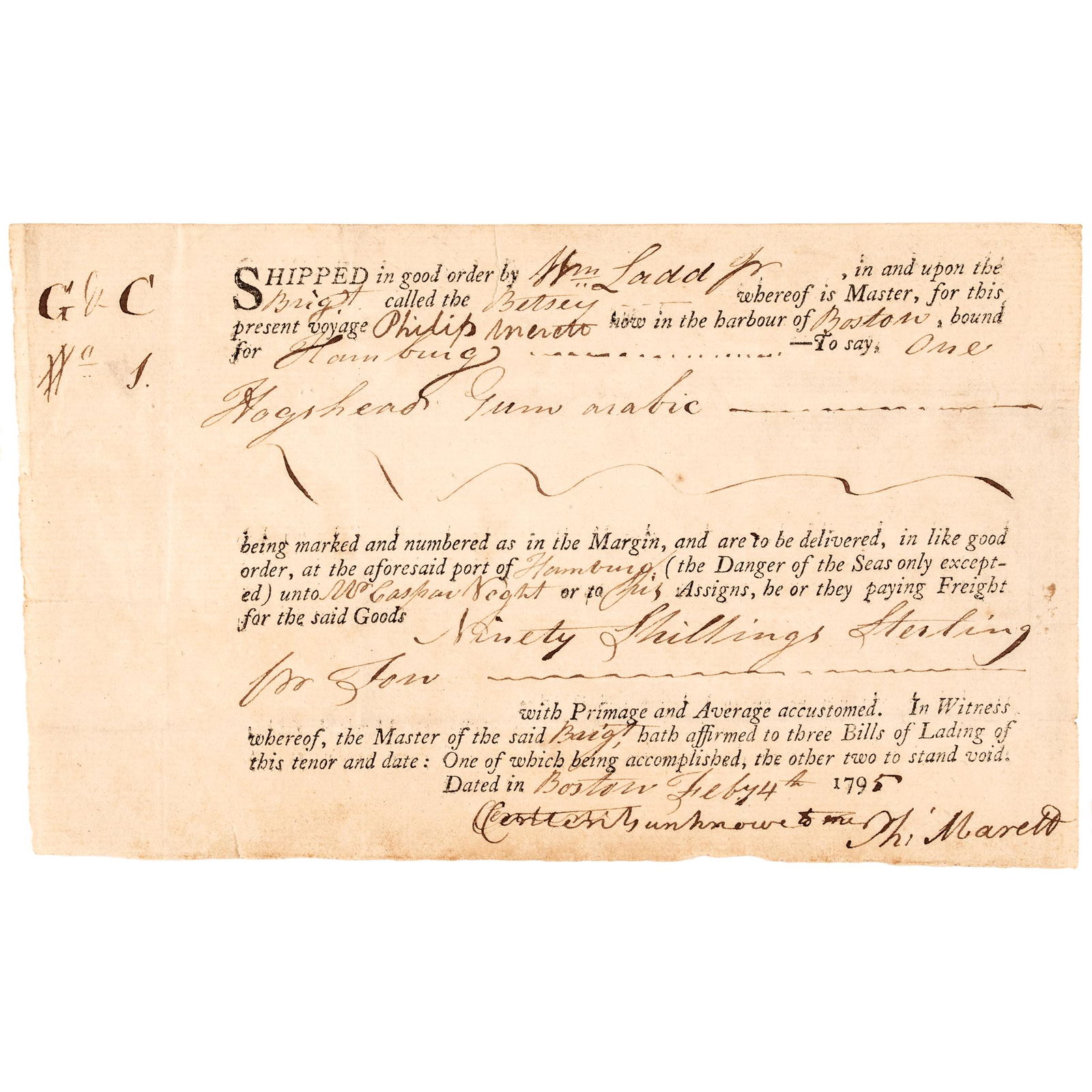 1795 BRIG BETSY WAYBILL CAPTURED BY