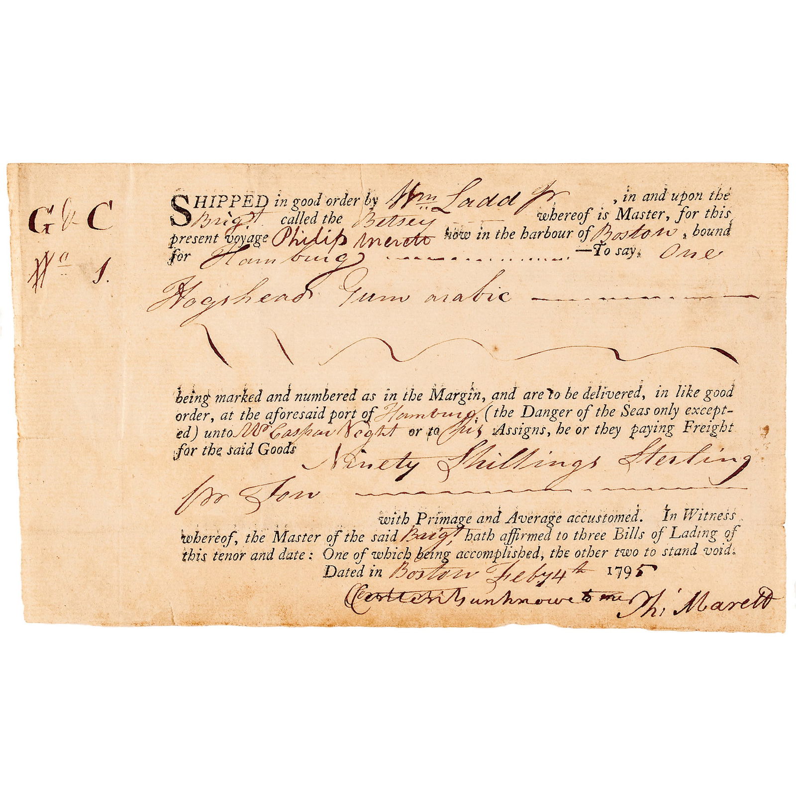 1795 BRIG BETSY WAYBILL CAPTURED BY