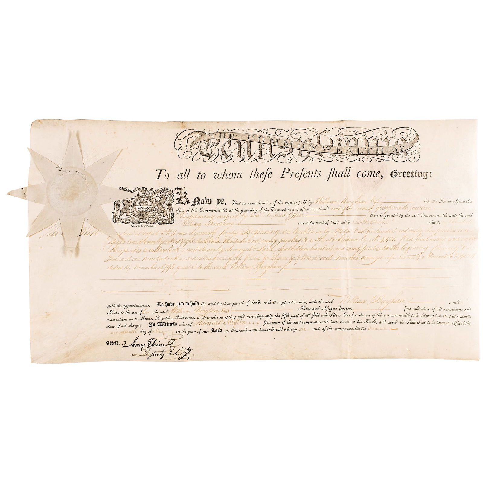 1796 GOVERNOR THOMAS MIFFLIN SIGNED