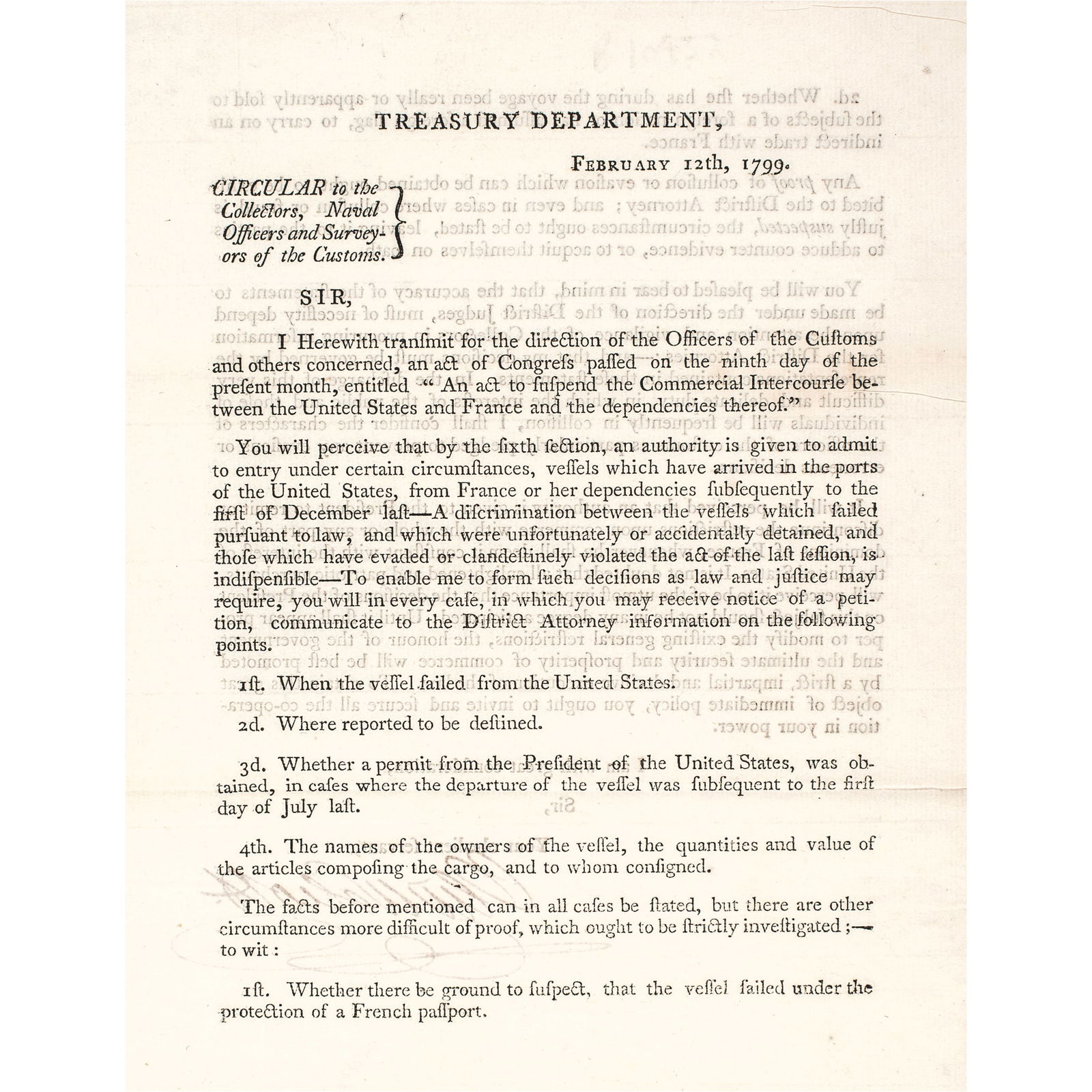 1799 FRENCH EMBARGO TREASURY