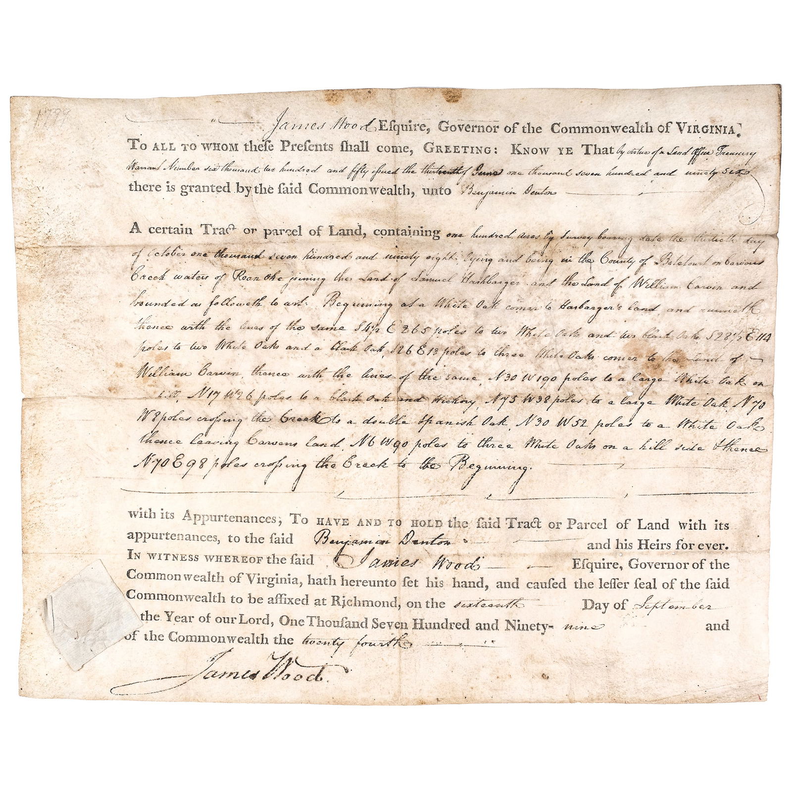 1799 JAMES WOOD SIGNED VIRGINIA