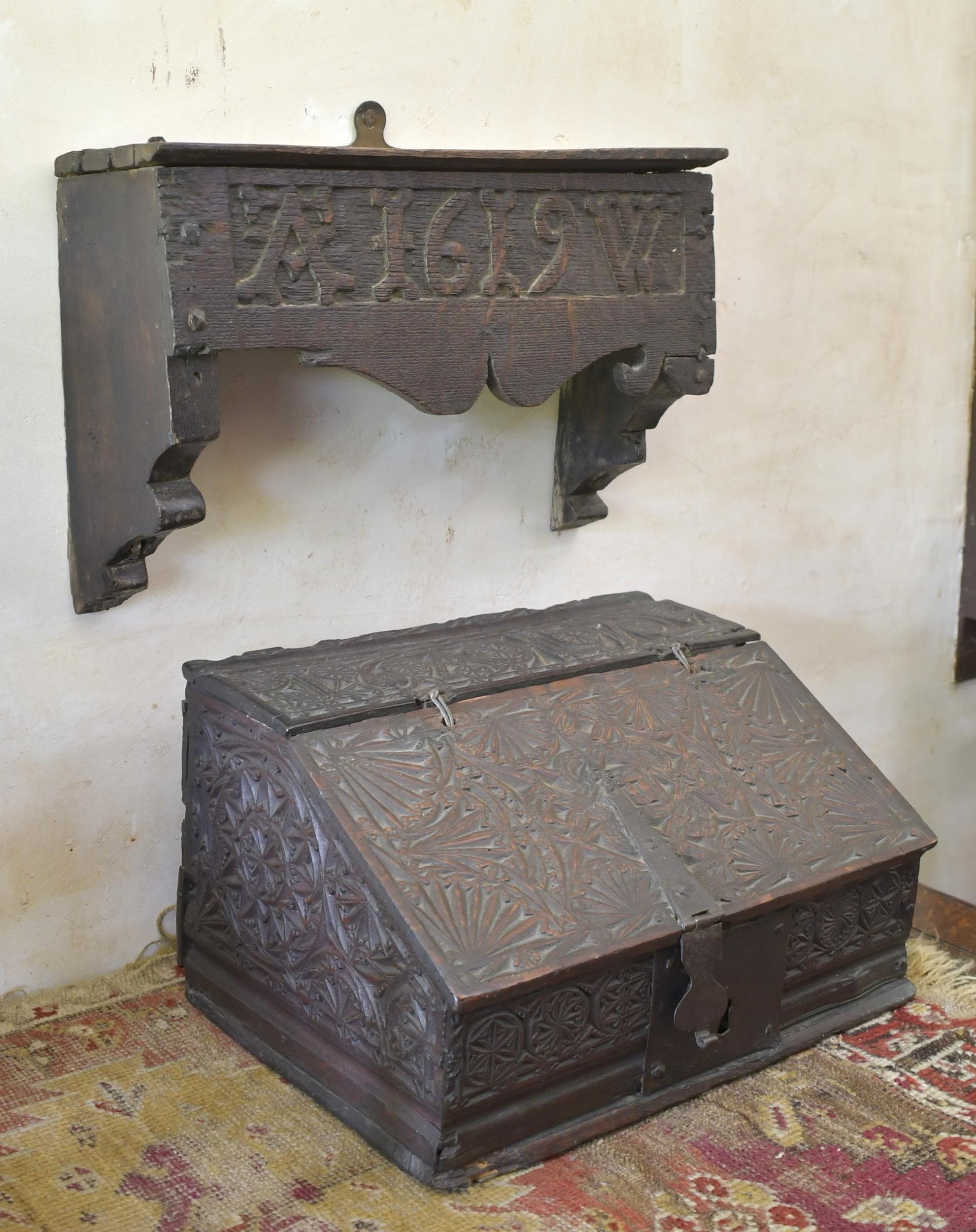 17TH C. WALL SHELF AND WRITING BOX.