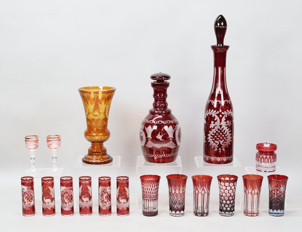 18 PIECES BOHEMIAN, RUBY &